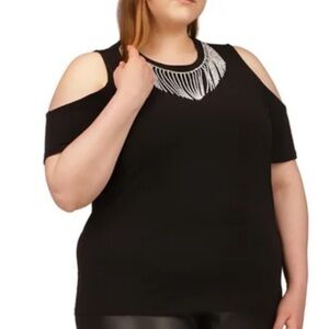 MICHAEL Michael Kors Women's Black Silver Rhinestone Fringe Cold-Shoulder Top 3X